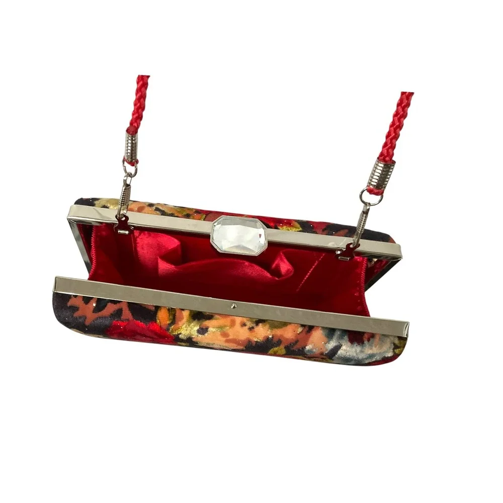 Vintage Floral Velvet Box Clutch Evening Bag Black Red Crossbody Purse Silver‎